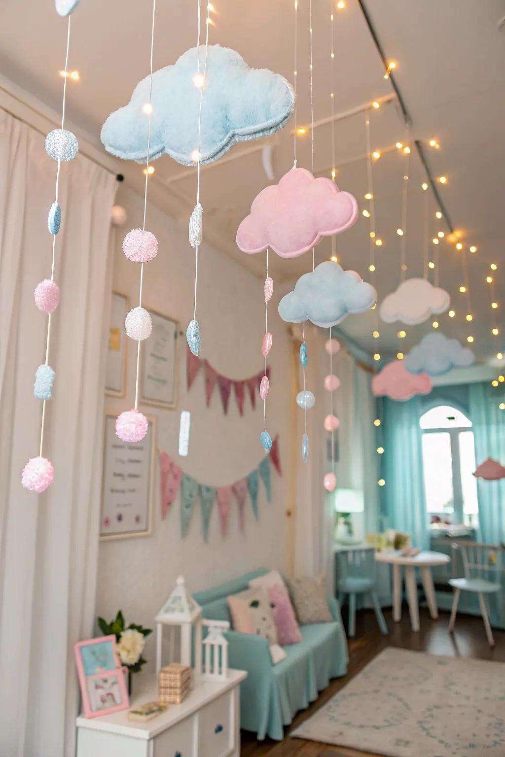 A room transformed into a dreamlike sky, featuring an ethereal cloud streamer that crafts a magical atmosphere.