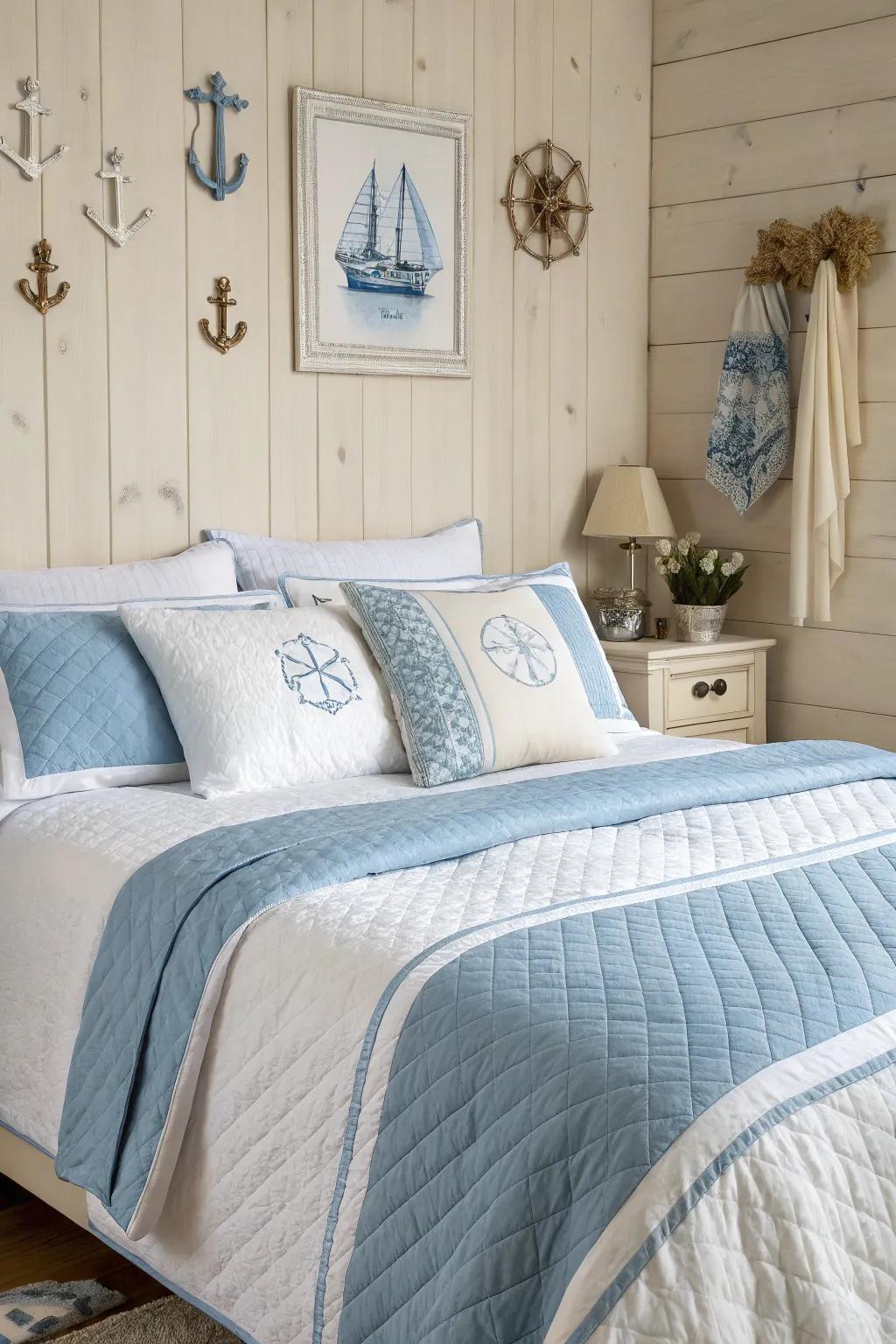 Gentle blues and whites craft a calming coastal setting.