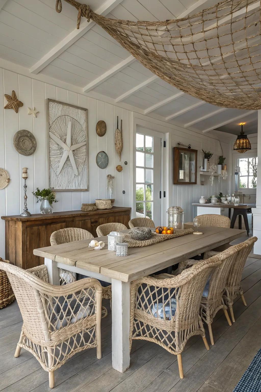 Unrefined materials like osier and flotsam contribute a coastal vibe to your dining area.