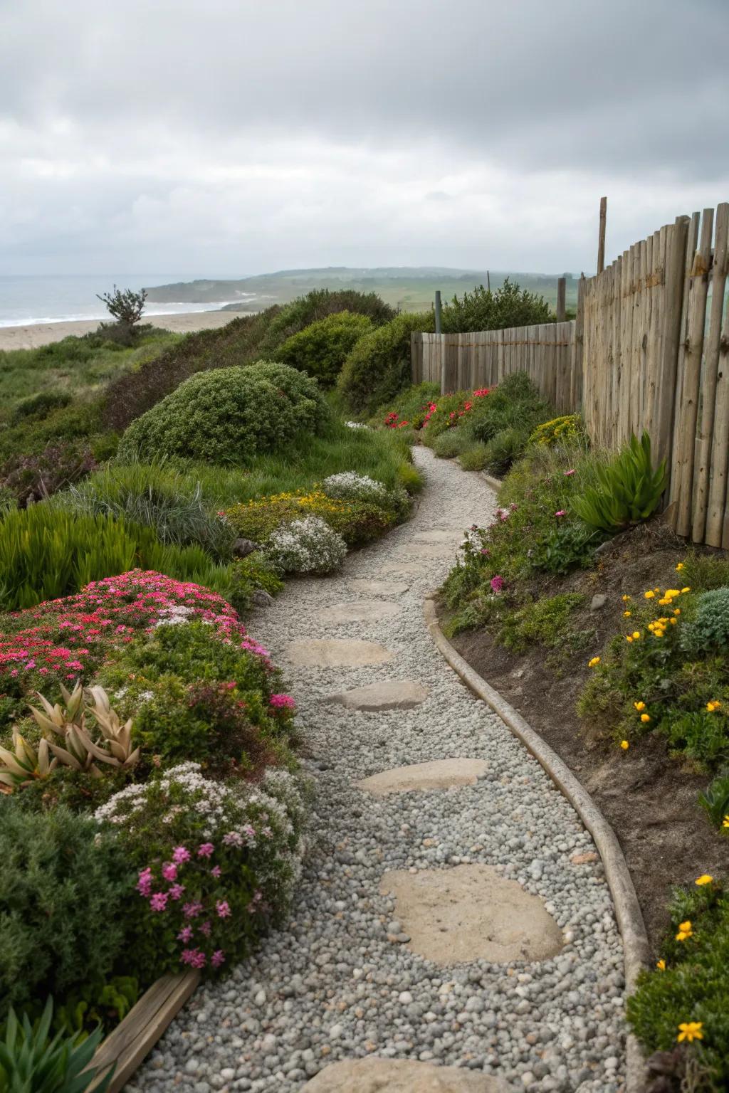 Gravel and stone paths enhance the feel of coastal gardens.