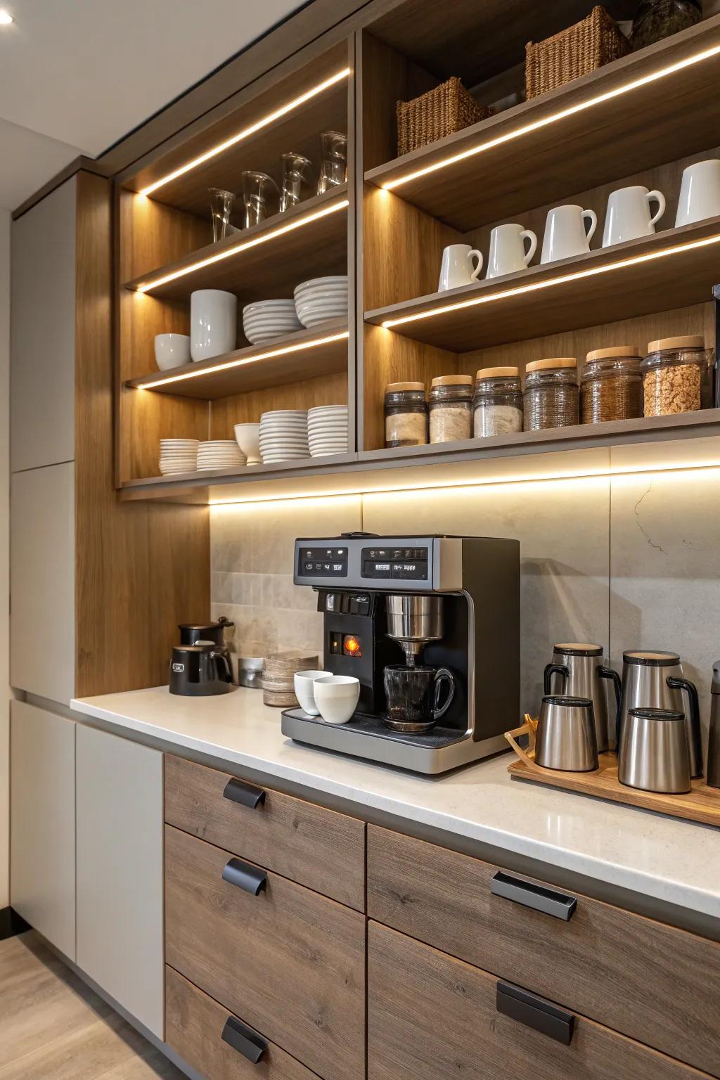 Integrated shelves and drawers ensure your coffee and tea essentials are neat and easily accessible.