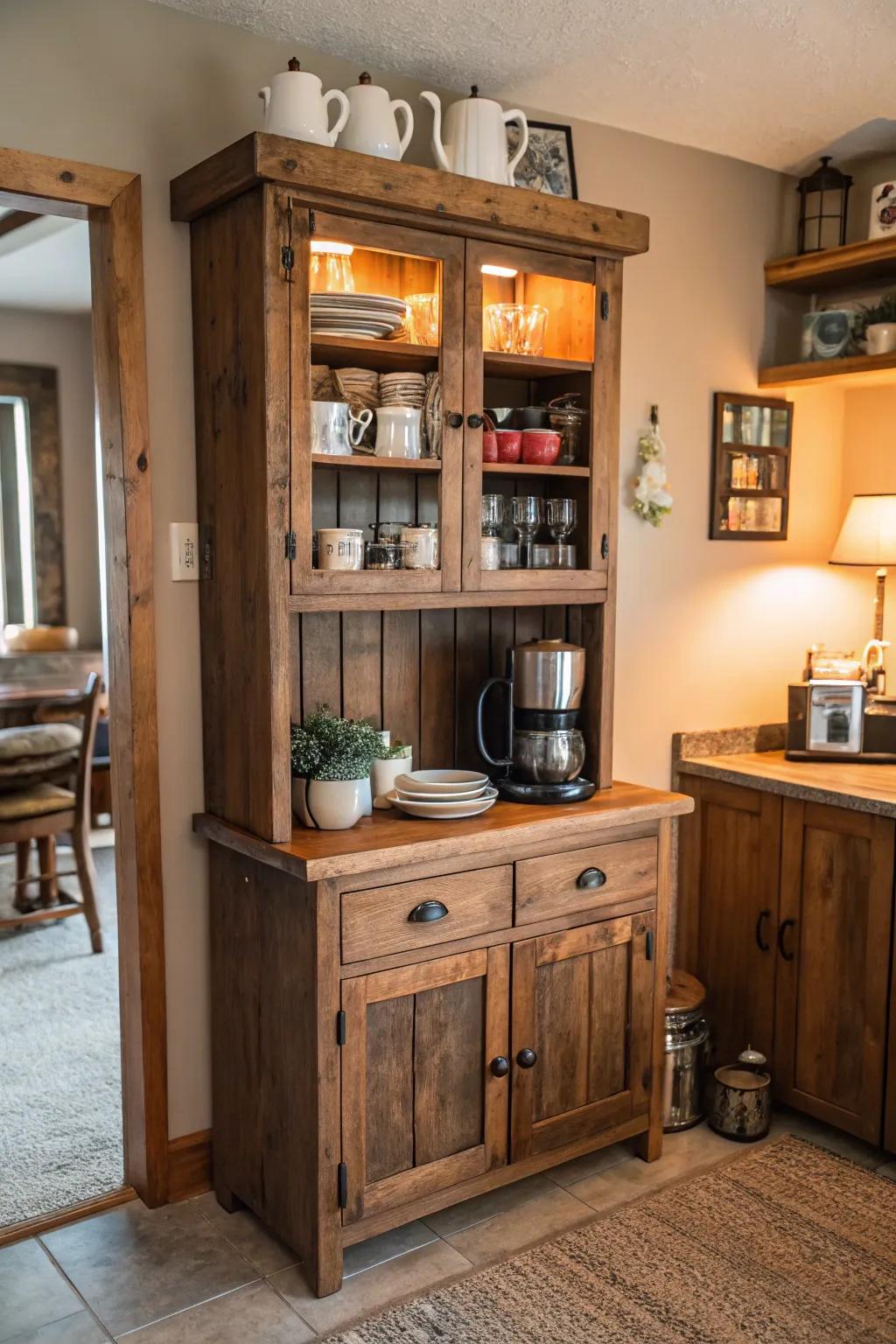 A weathered timber cabinet introducing comfort and appeal to the cooking area.