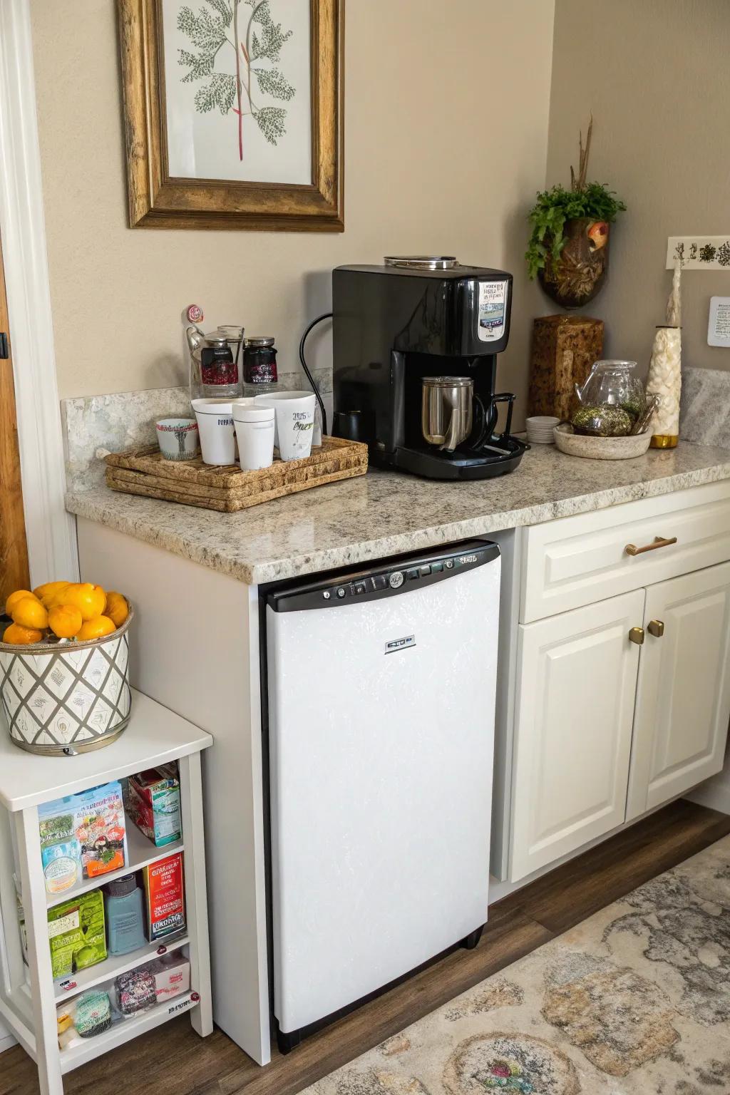 A small coffee station arrangement in a cozy kitchen corner.