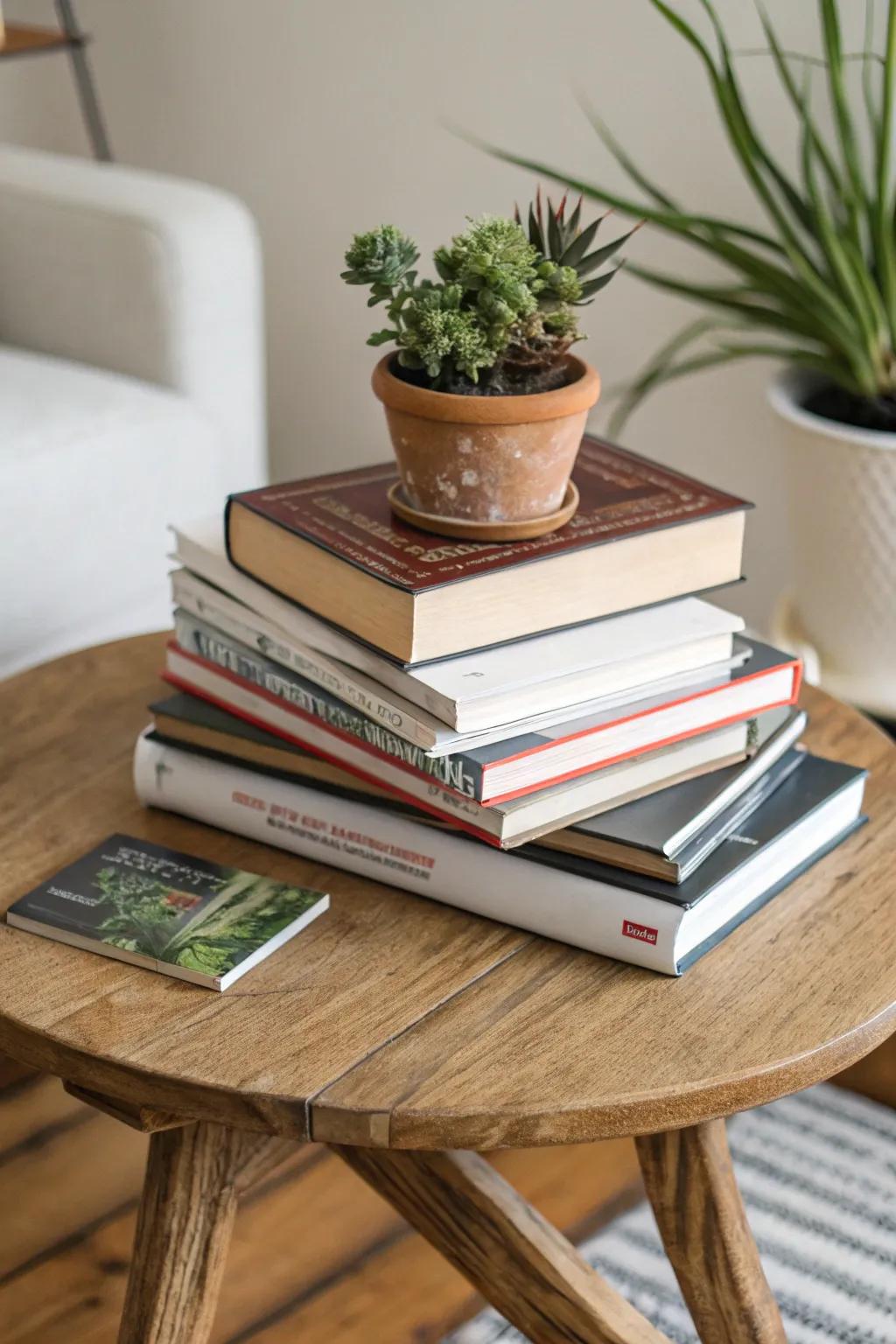 Skillfully arrange books of diverse dimensions to achieve a vibrant presentation.