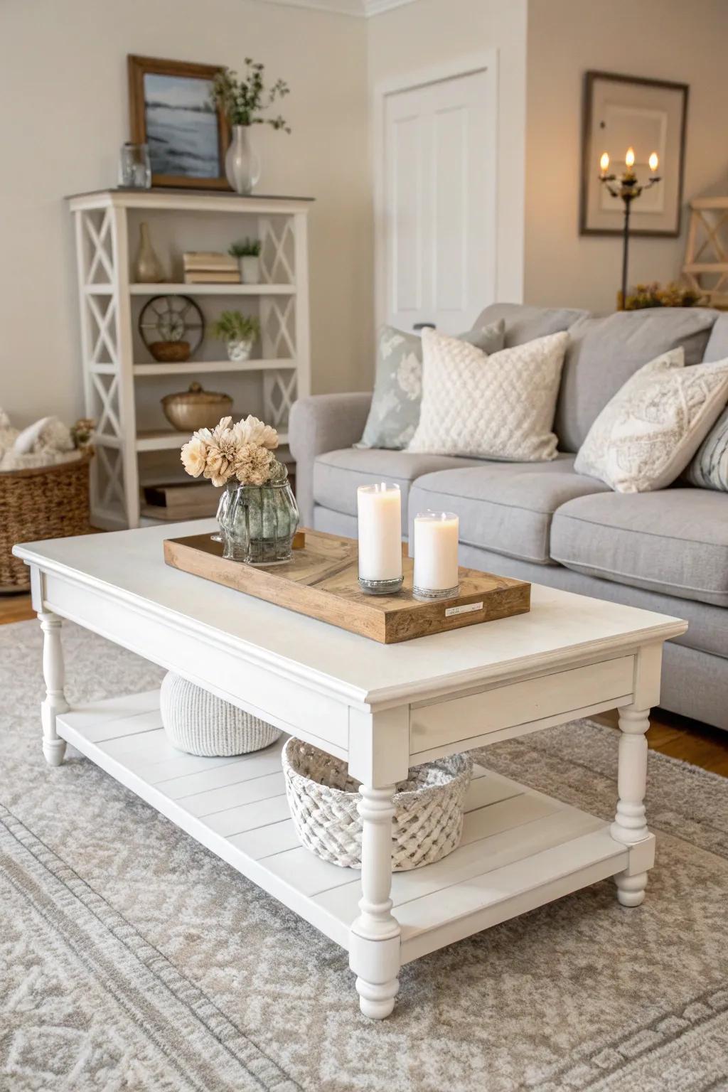 A timeless ivory coffee table brings an air of sophistication and brightness to any setting.