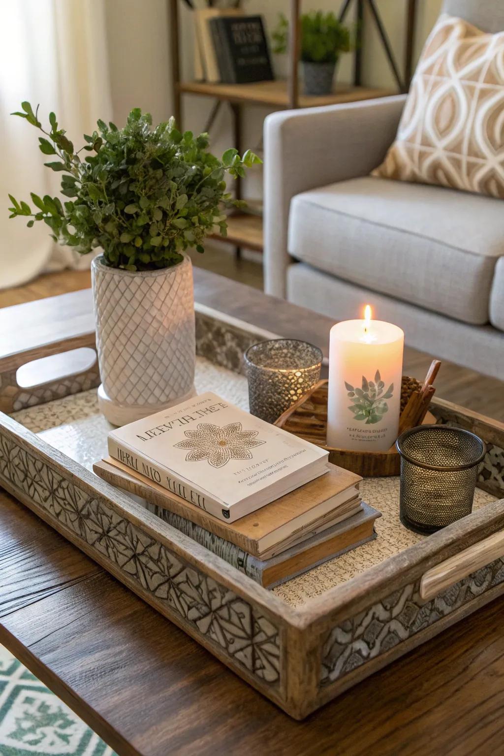 A decorative platter serves as an excellent base for a thoughtfully organized coffee table arrangement.