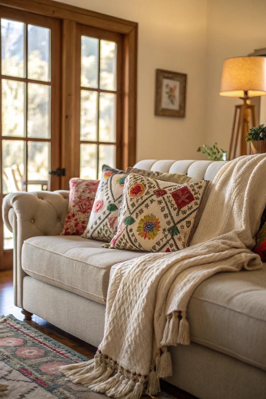 A cozy seating area featuring a stylish sofa, vibrant pillows, and a soft throw blanket.