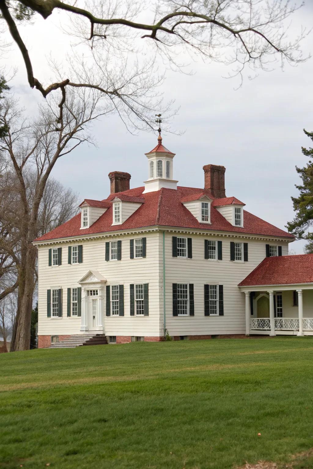 A symmetrical facade of a colonial home featuring balanced window arrangement.