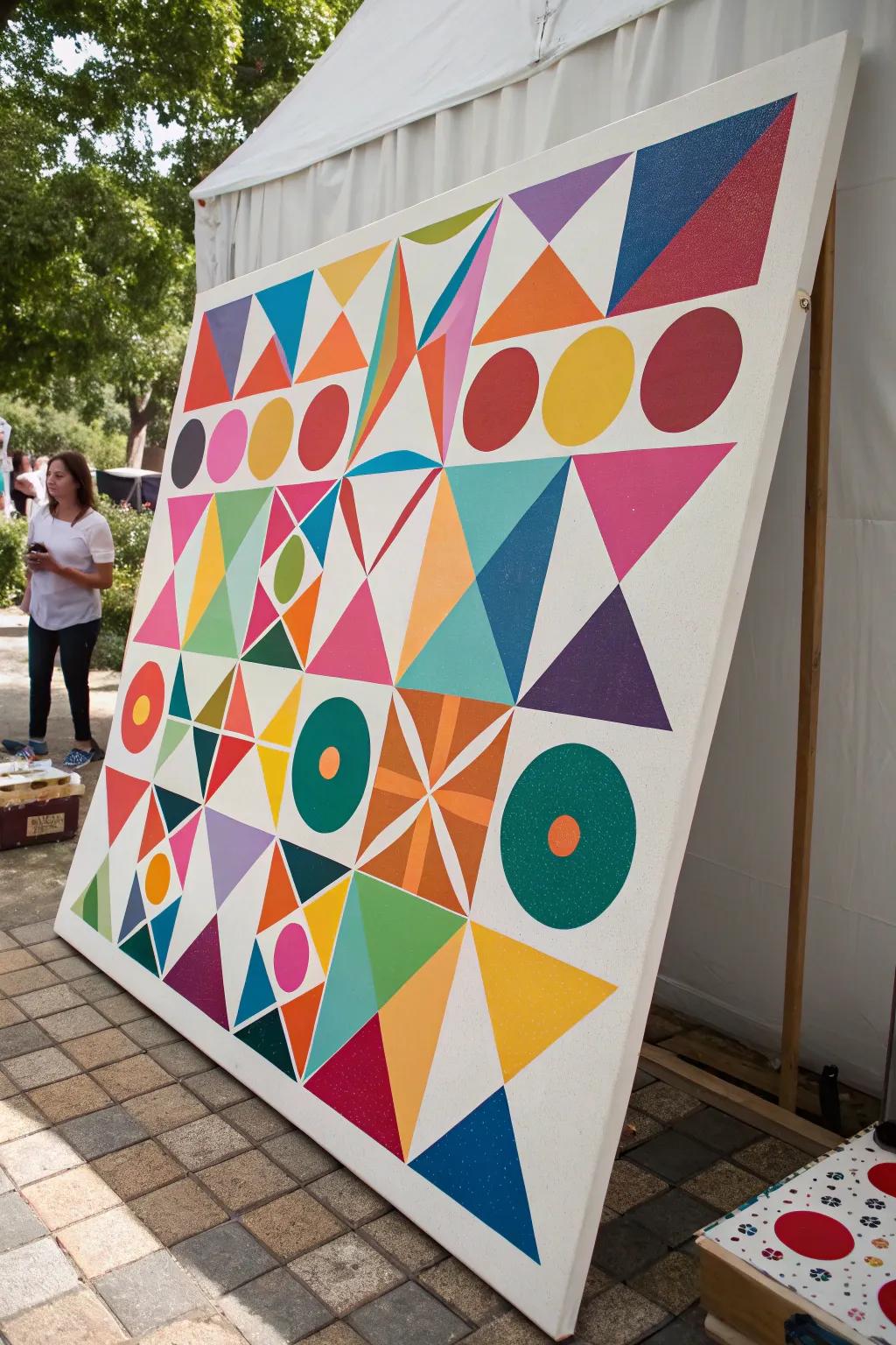 A vibrant geometric pattern arrangement highlighting dynamic triangles and circles.