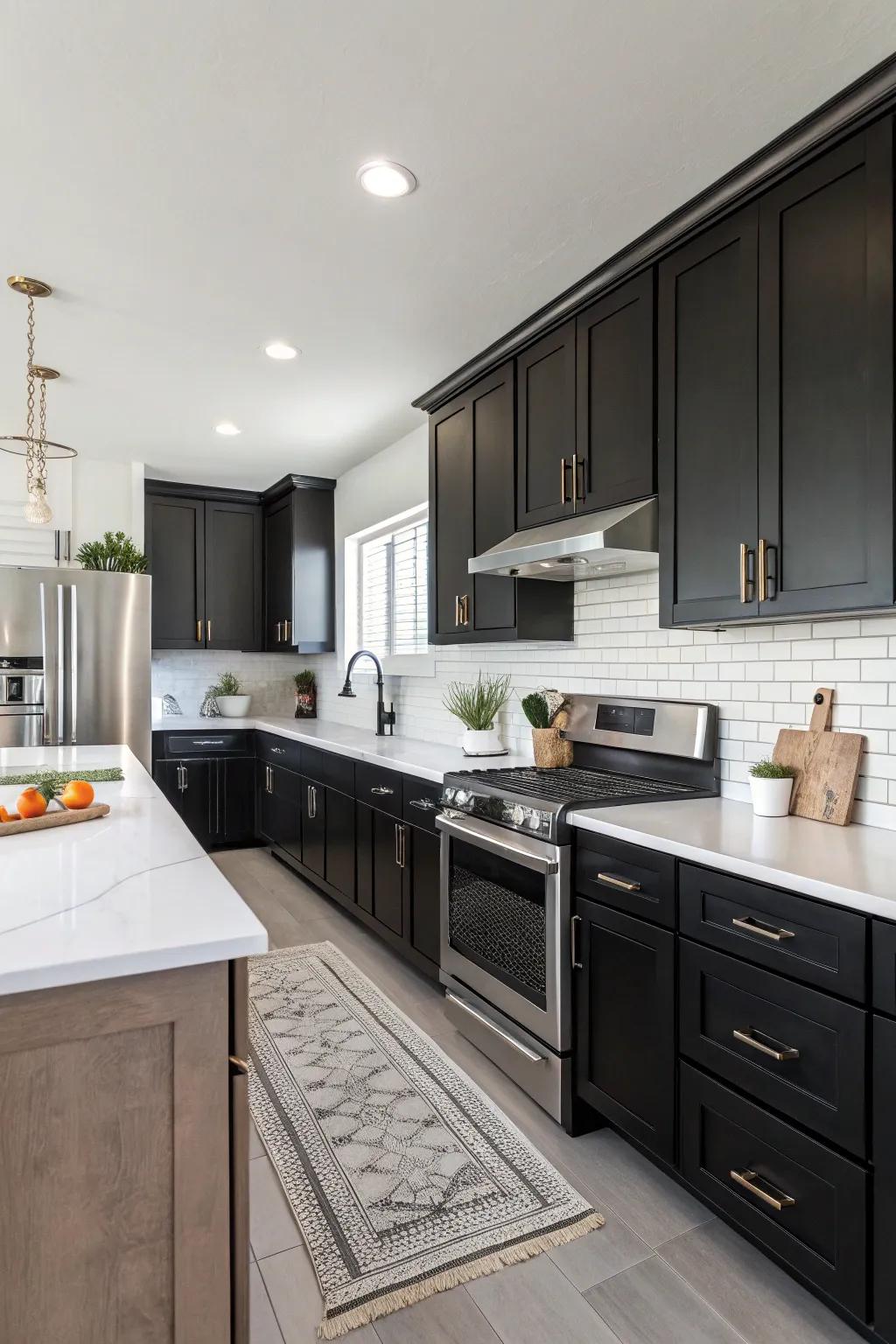 A contemporary kitchen showcasing dark cabinets beautifully contrasted with bright white surfaces.