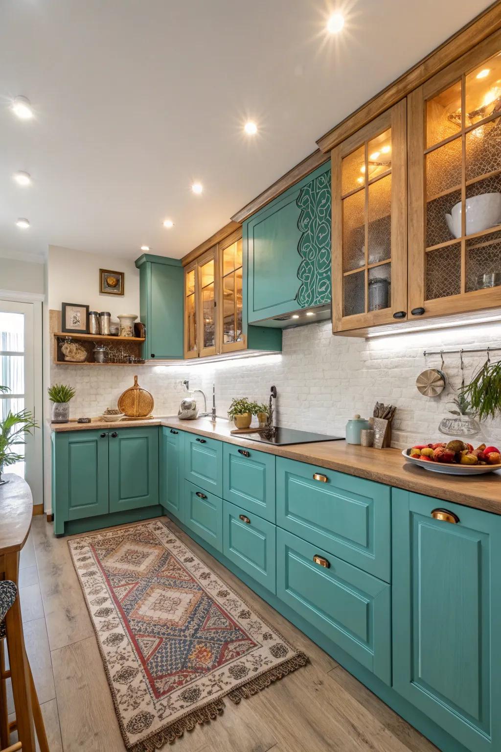 Aqua cabinets give a revitalizing burst of color to this cooking space.