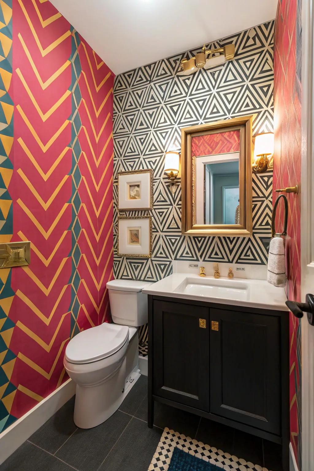 A guest bathroom adorned with bold geometric wall covering, adding a vibrant flourish.