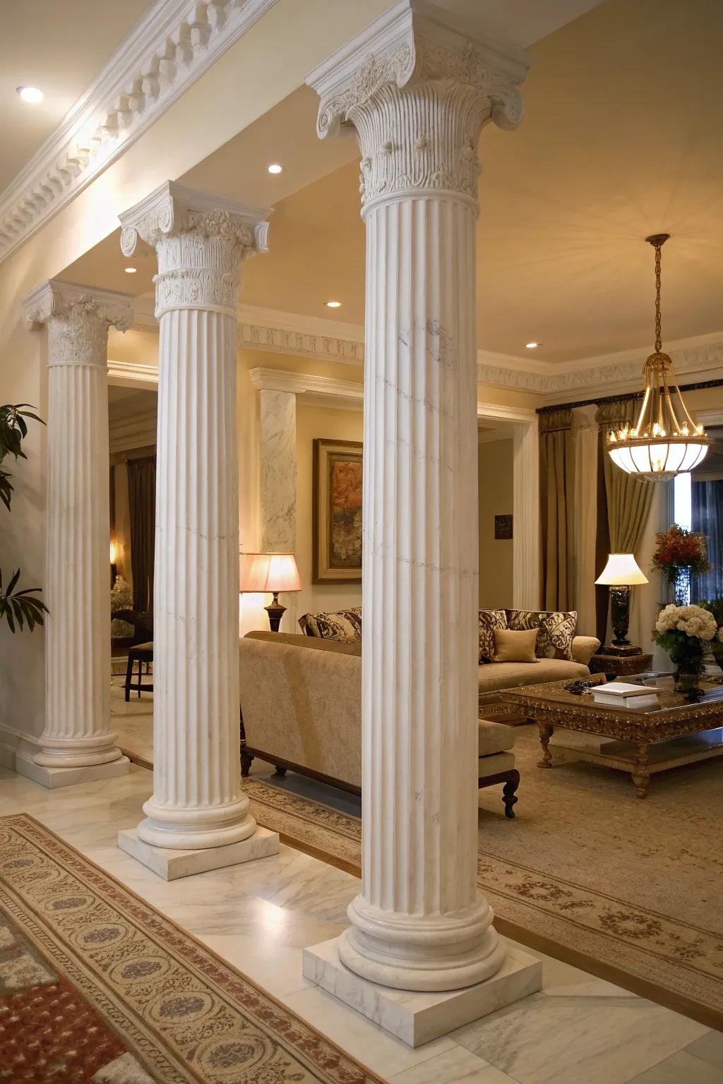White marble grooved columns enhance the classical elegance of a modern living space.