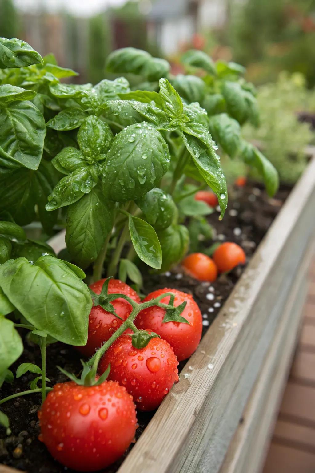 Tomatoes and sweet herbs flourishing in harmony, an ideal combination for any garden.