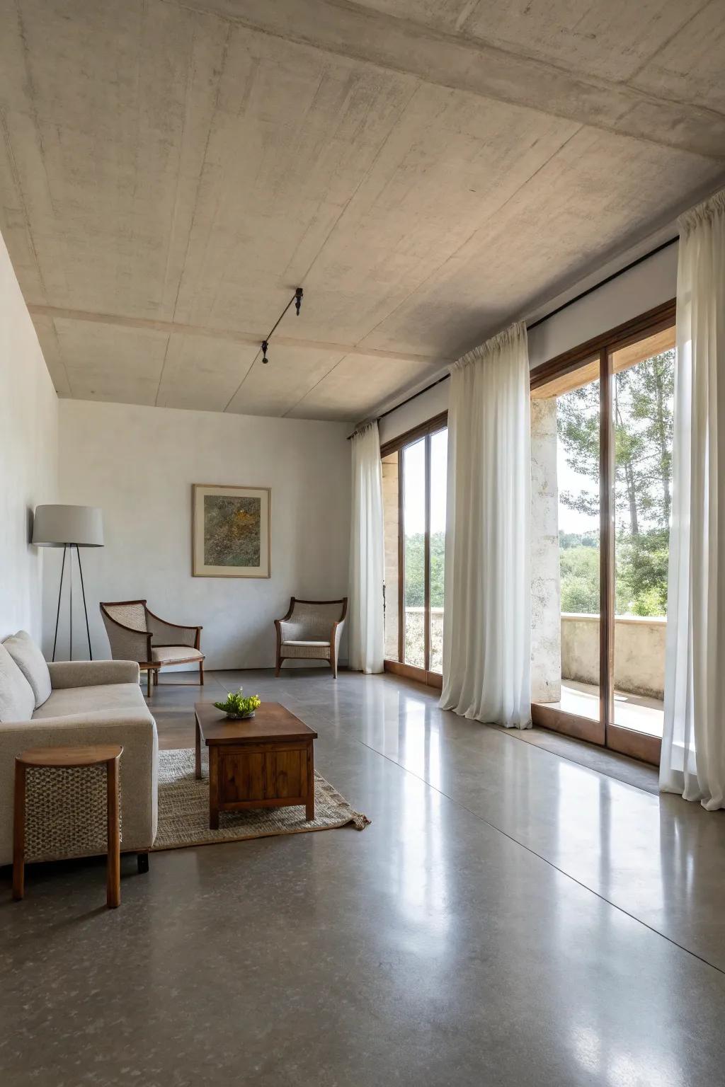 A minimalist space showcasing sleek concrete floors and a neutral color scheme.