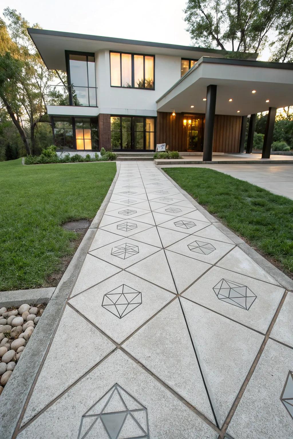 Geometric designs introduce visual intrigue to any concrete walkway.