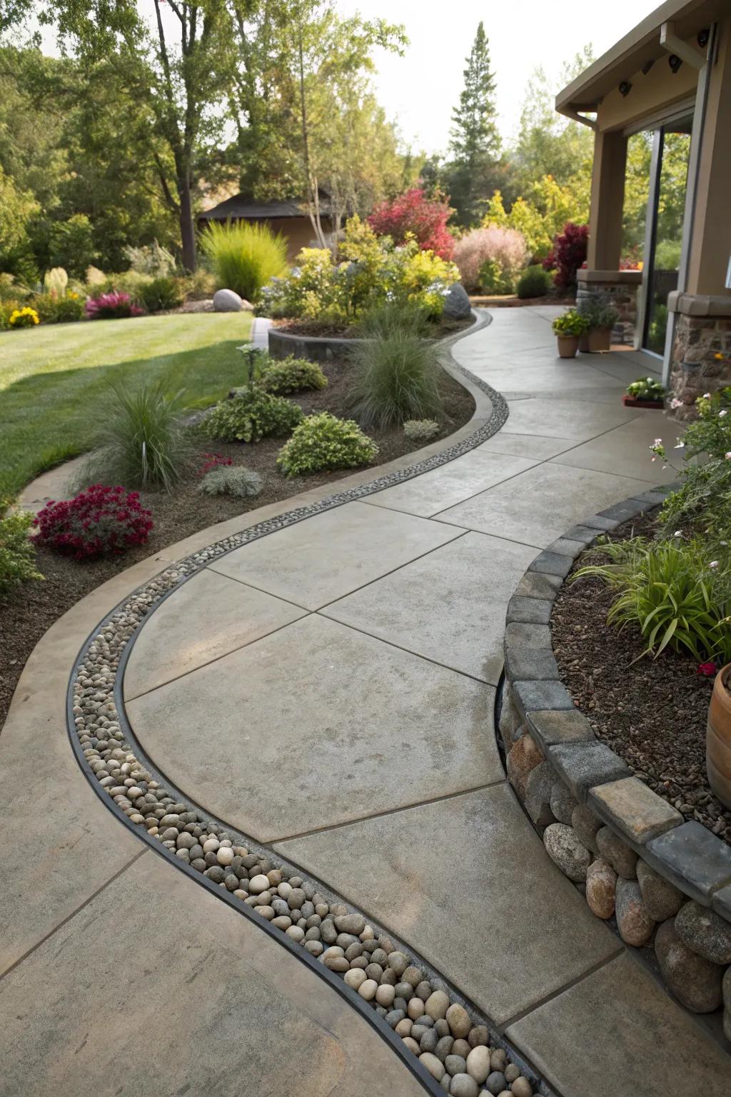 Curved stone borders introduce fluidity and a touch of elegance to a concrete patio.