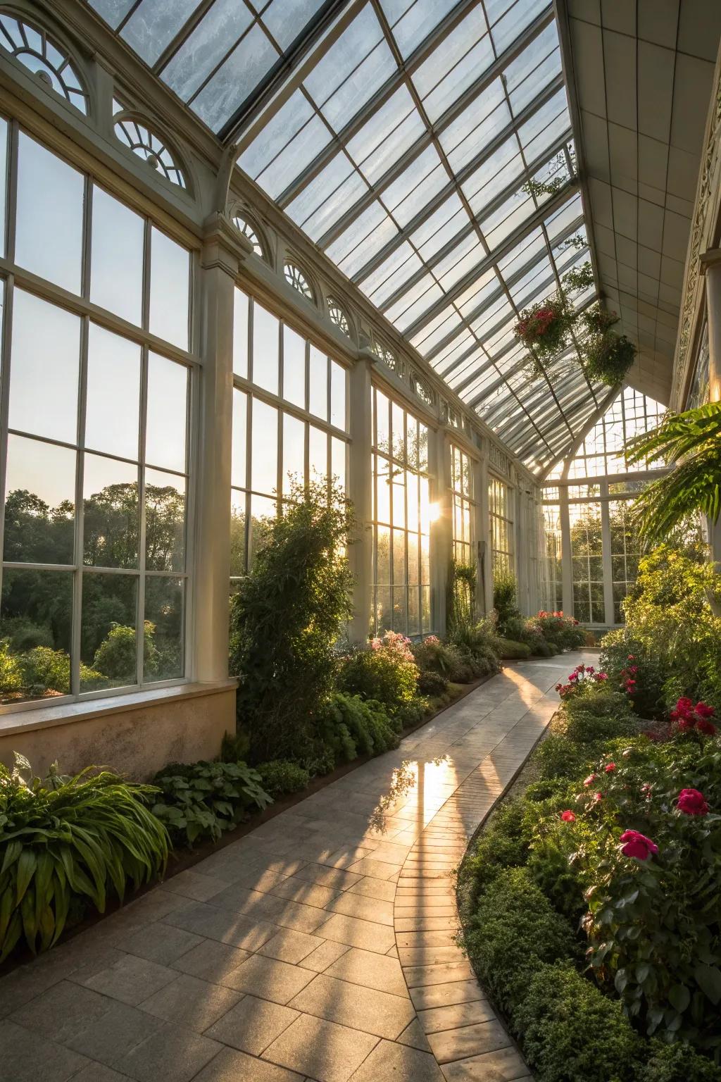 A stunning sunroom awash with natural light streaming through its glass windows and roof.