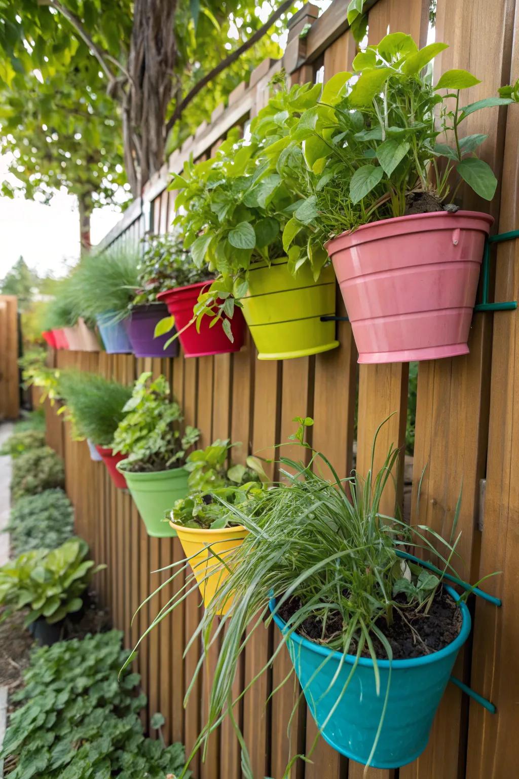 A stunning vertical garden using colorful containers.