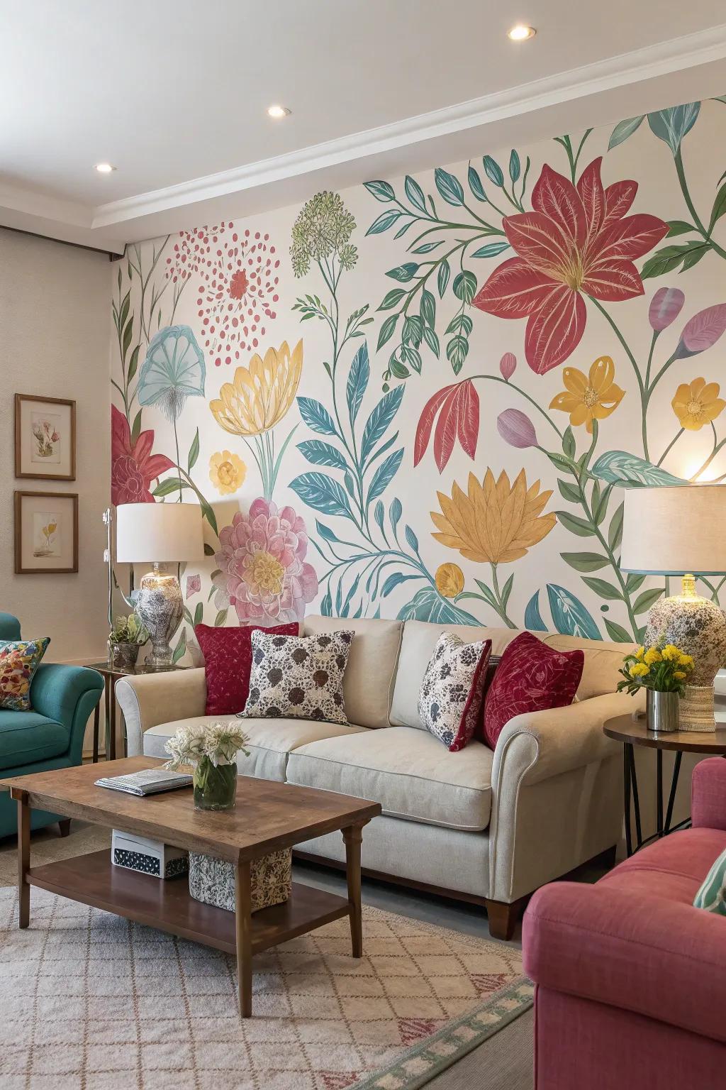 A flower-themed accent wall crafting a garden-like ambiance indoors