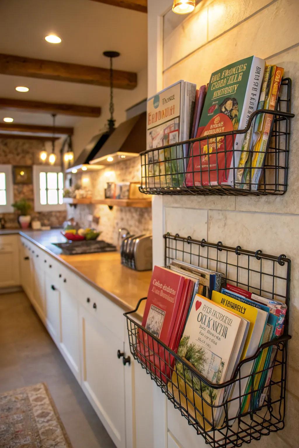 Wall-mounted wire baskets contribute an industrial flair to cookbook storage.