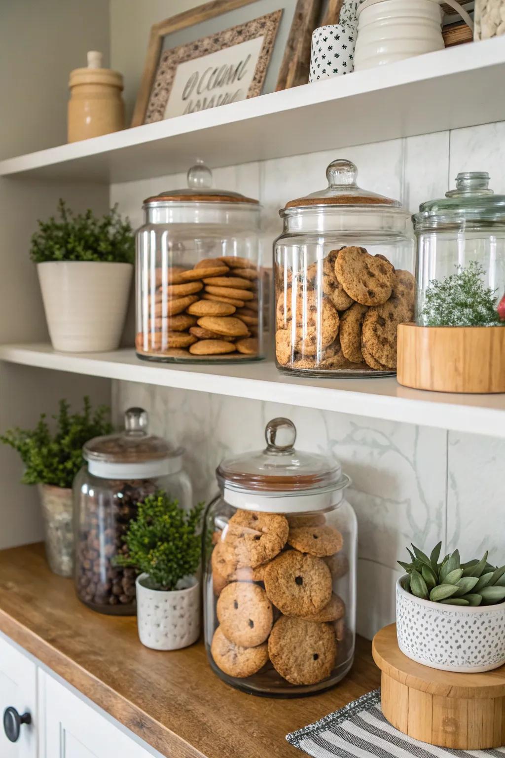 A thoughtful shelf display featuring a variety of treat receptacles.
