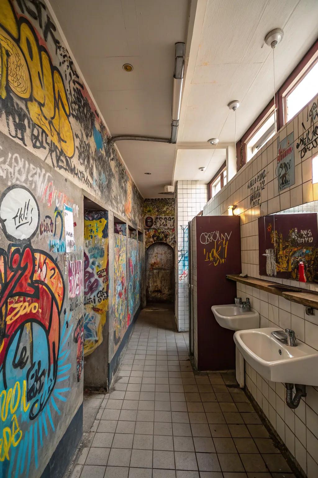 Infuse an edgy, urban ambiance into your restroom with graffiti and street art motifs.