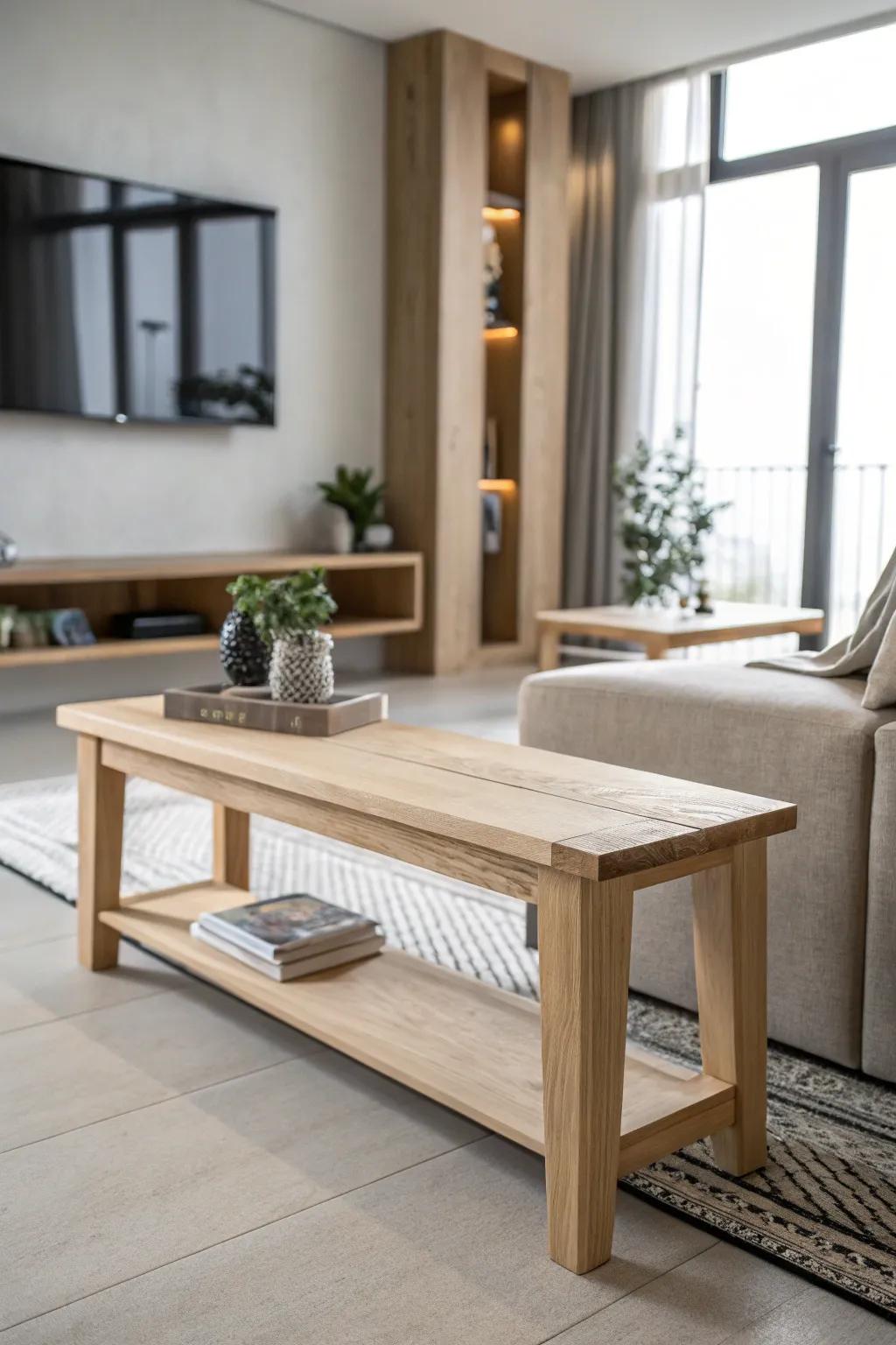 A streamlined, minimalist wooden bench enhancing a modern living space.