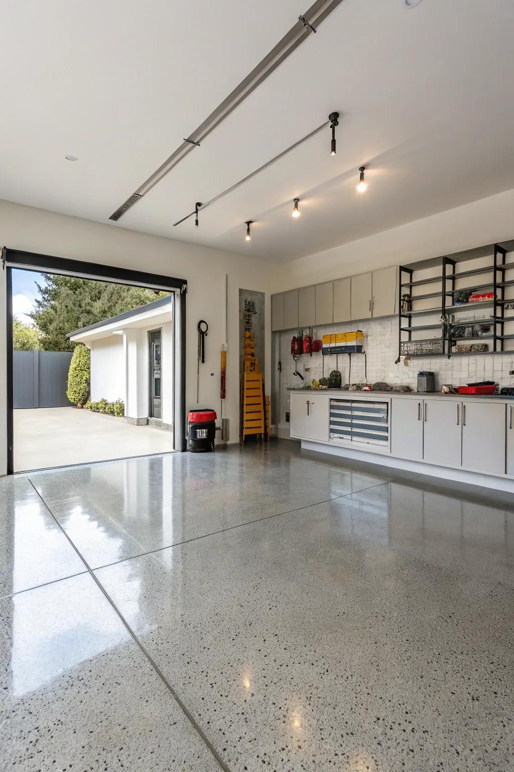A minimalist garage design featuring polished floors and refined storage options.