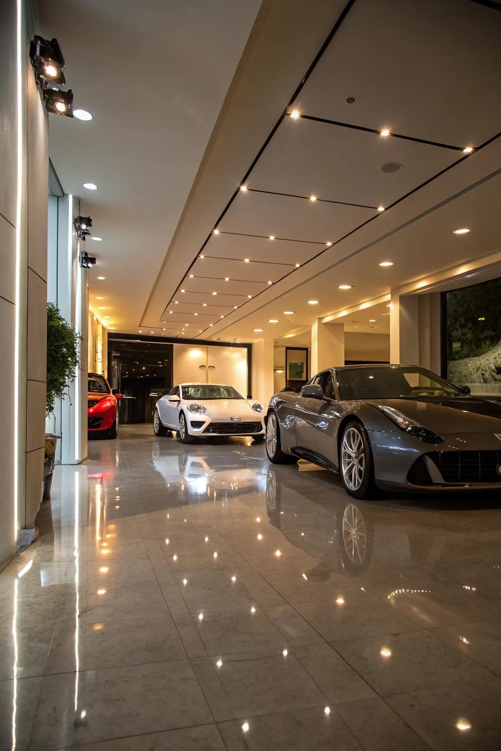 A sophisticated vehicle display-style garage with sleek floors and soft lighting.