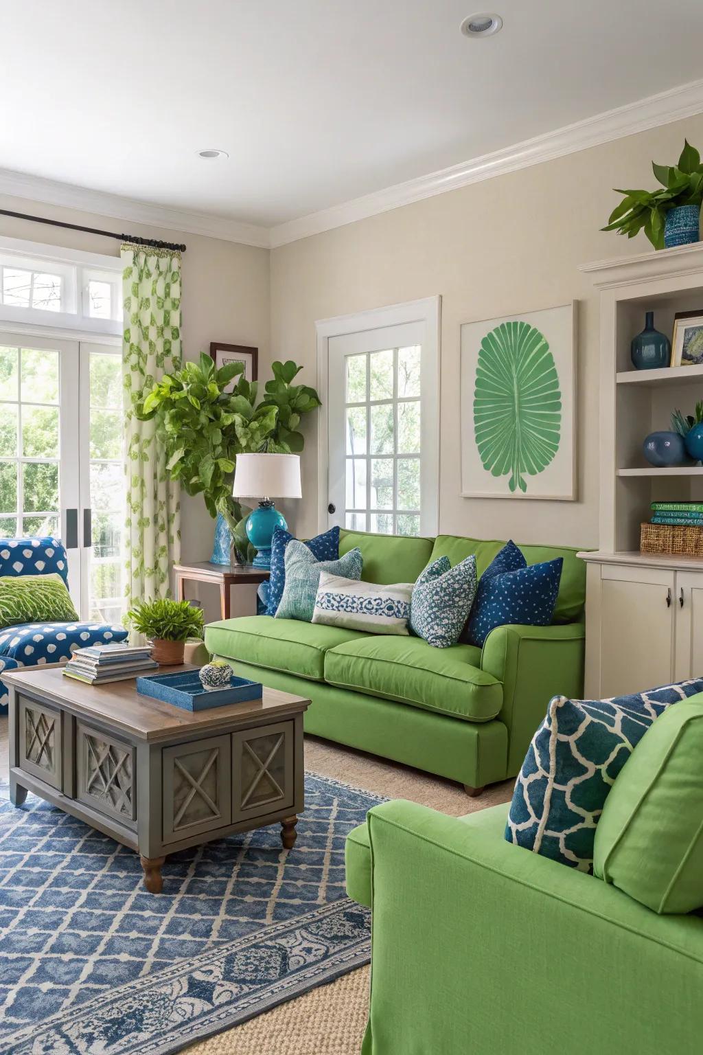 A spirited living room displaying a fusion of audacious and gentle colors for a buoyant atmosphere.