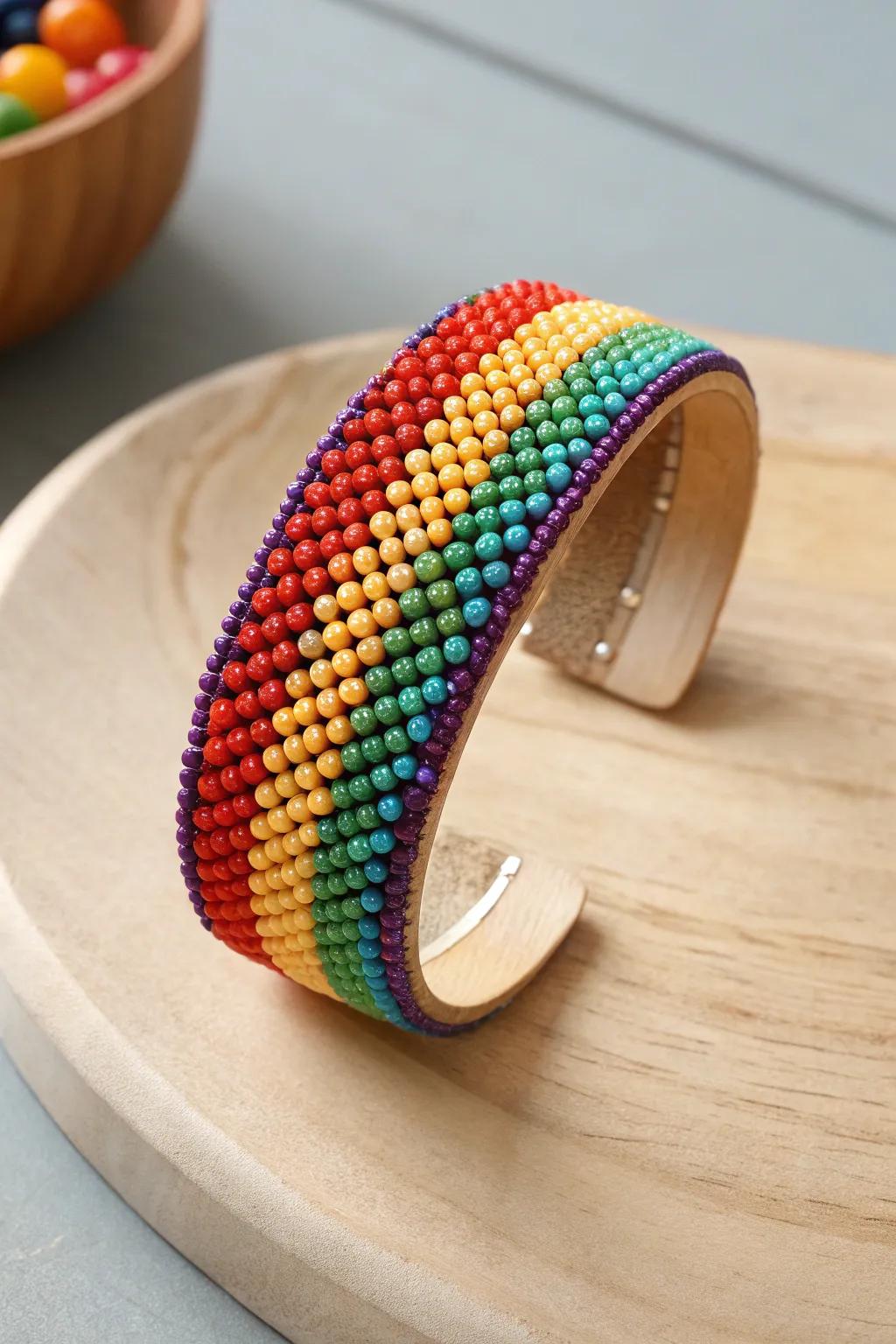 Experience the lively appeal of a radiant rainbow wristband – a fusion of artistry and vivid colors in simple elegance.