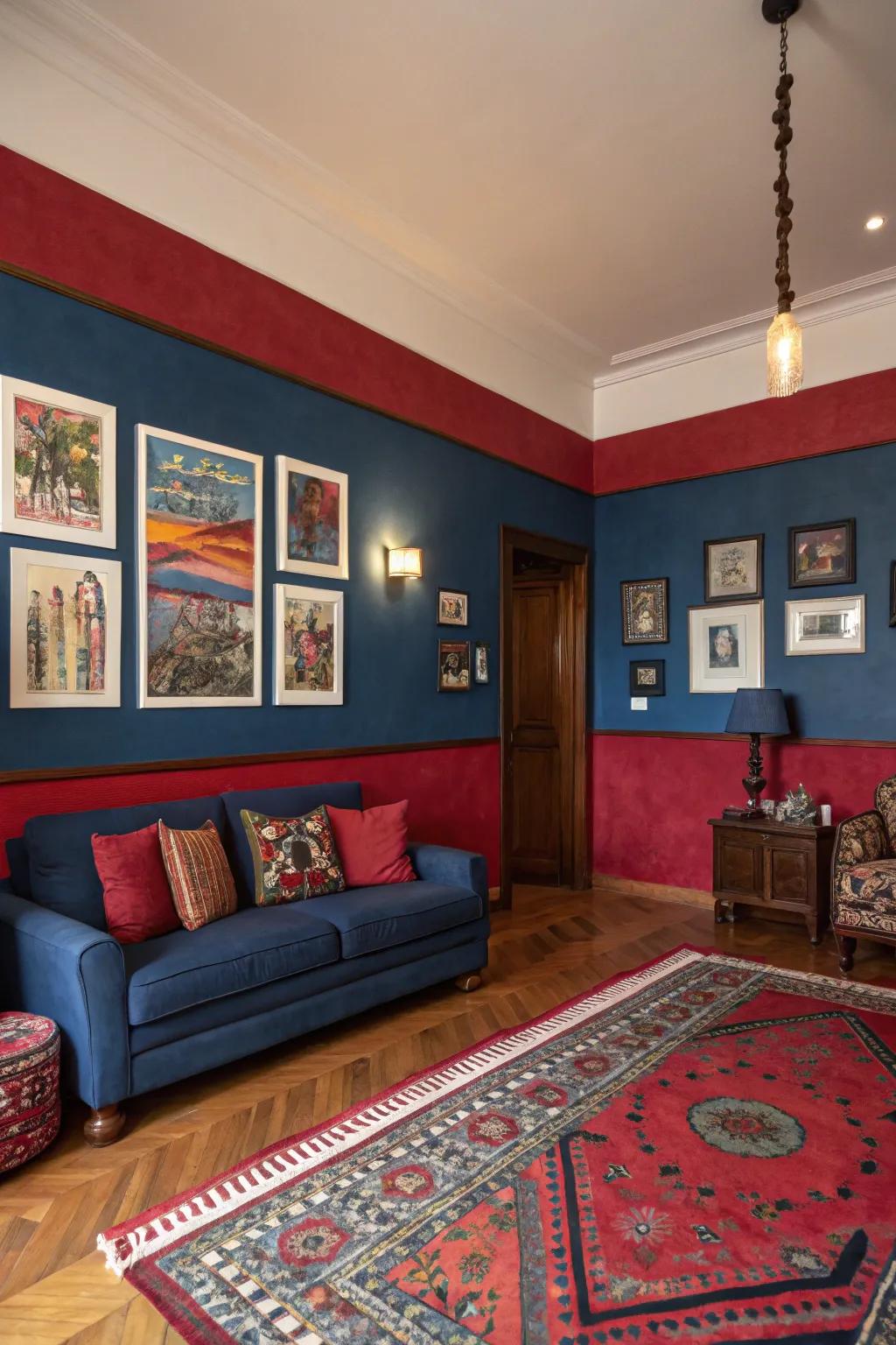 A bold color scheme transforms a living room into an energetic space.