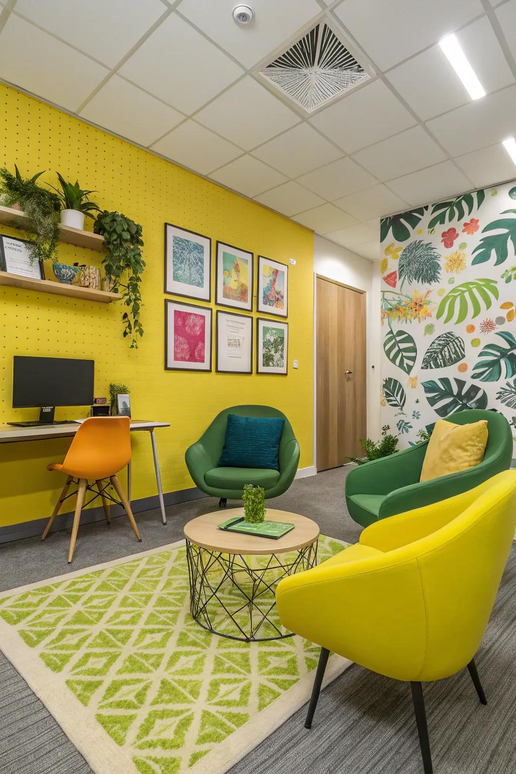Office space featuring bold yellow and green accents for an energetic feel.