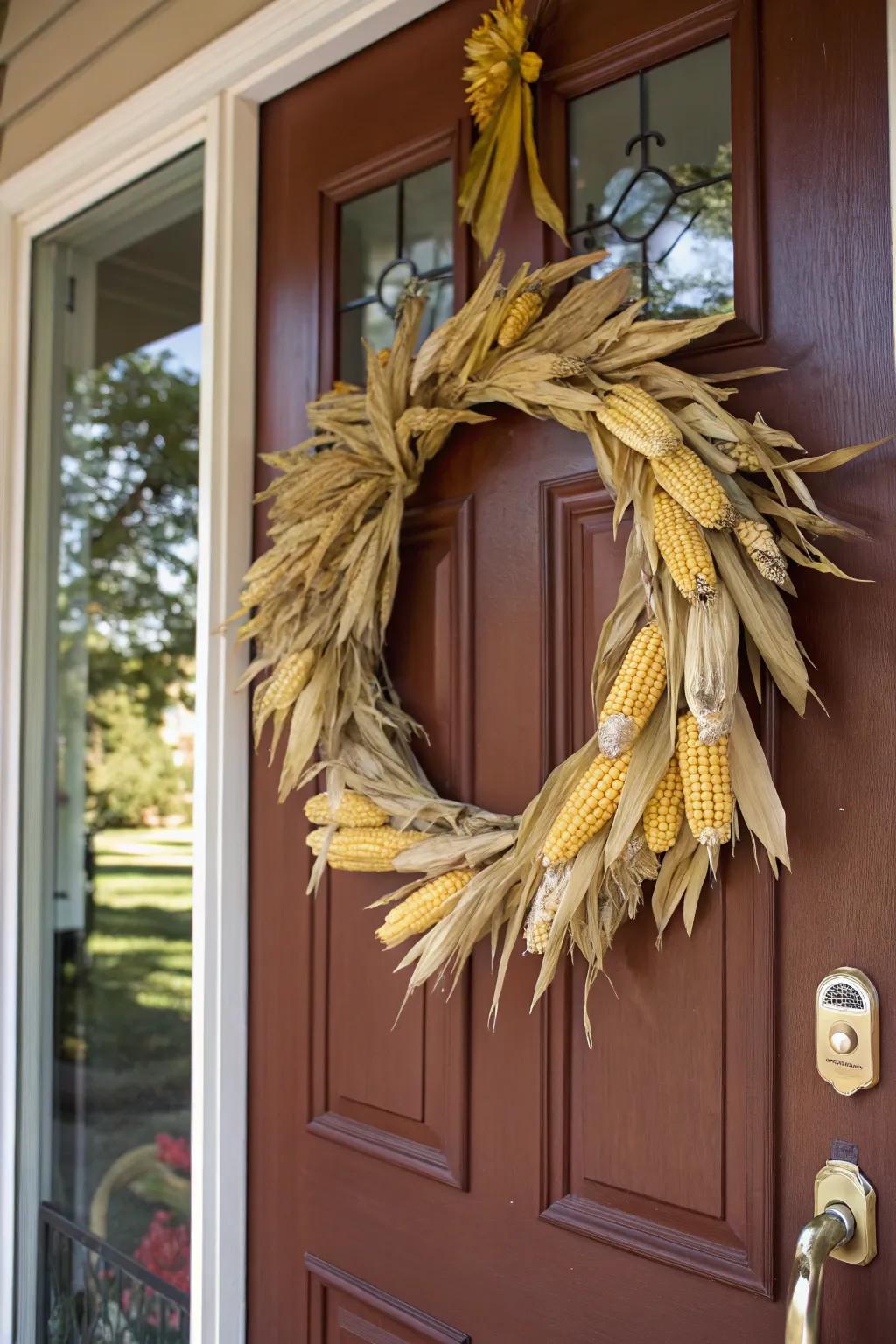 A welcoming corn adornment graces the entryway.