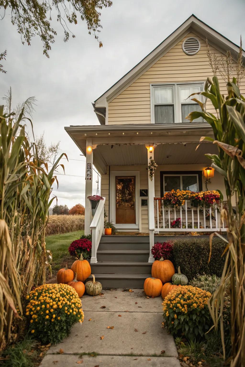 Design an attractive and inviting entrance with corn stalks and seasonal details.