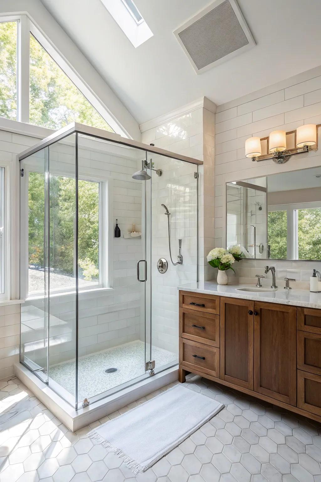 A glass-enclosed corner shower maximizes both space and light.