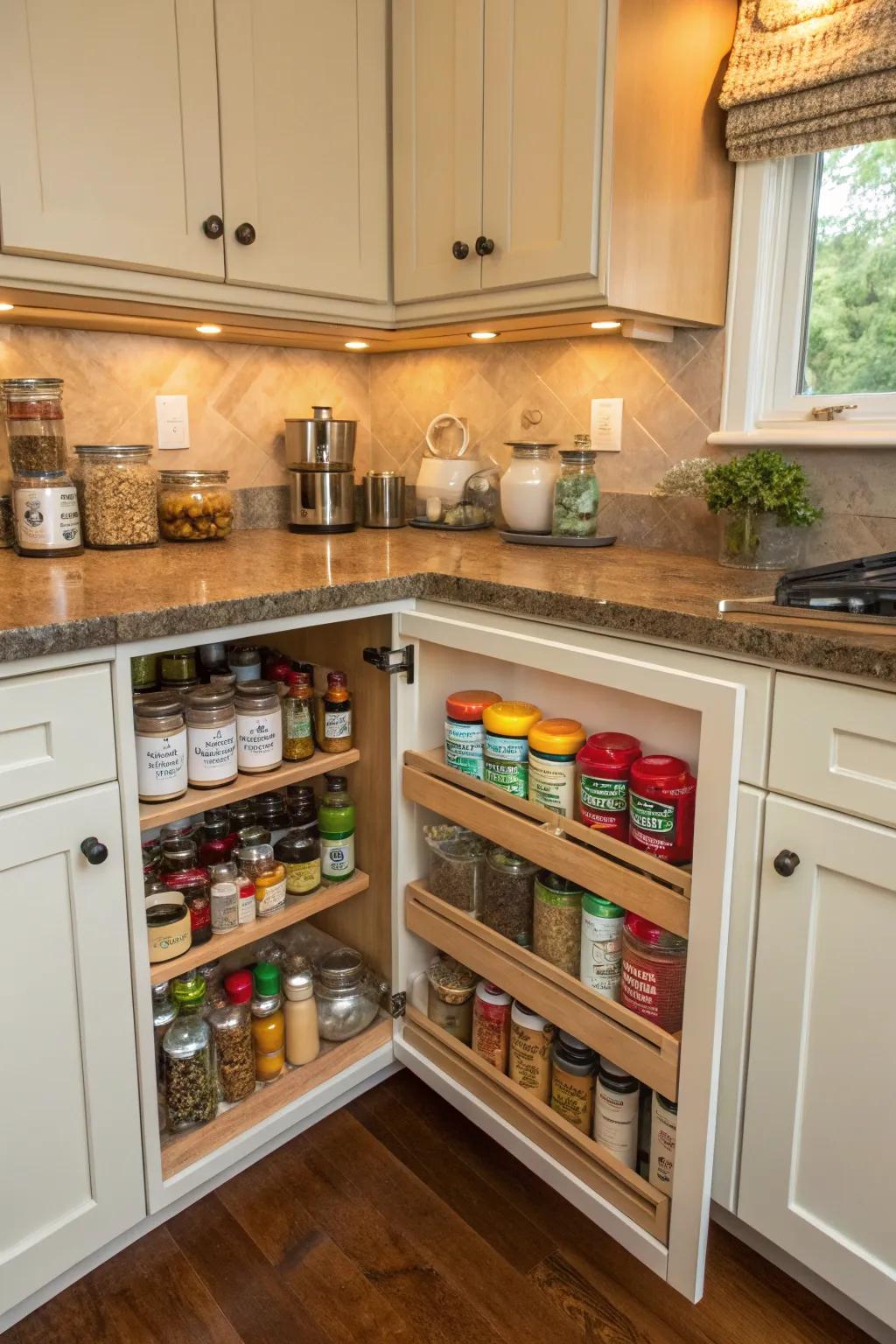 A Lazy Susan in the cabinet simplifies access to spices and smaller necessities.