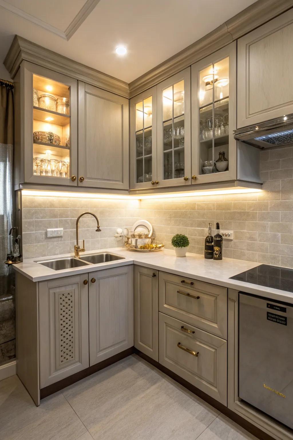 A well-organized kitchen demonstrating how a corner sink can optimize a small footprint.