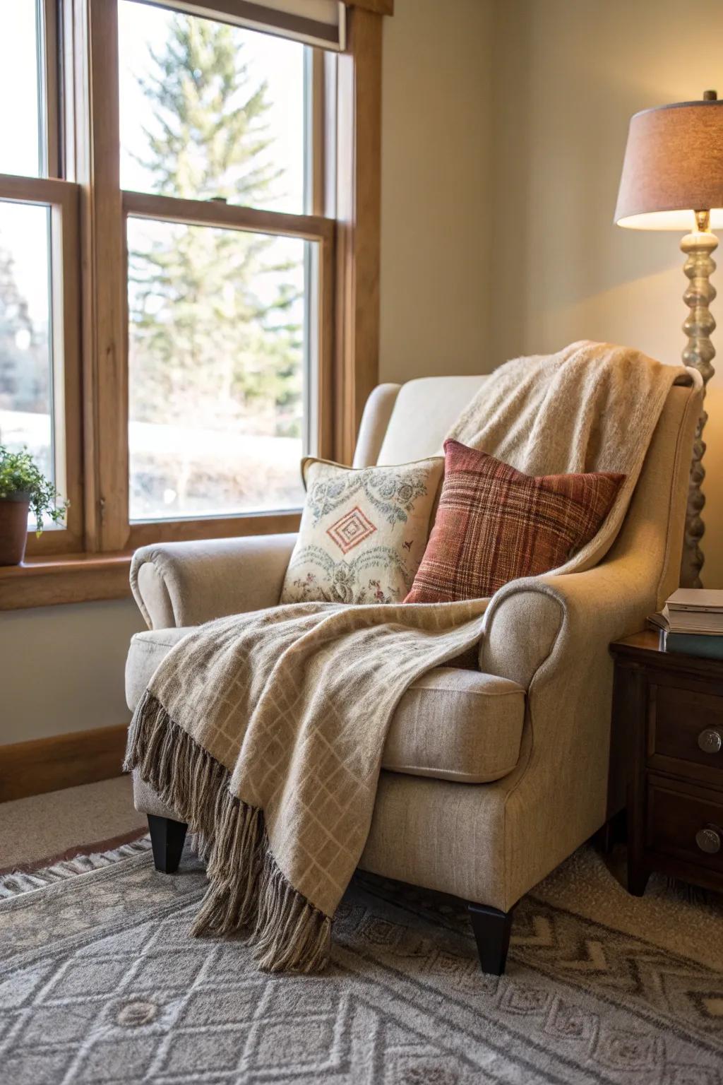 A comfy corner seating area is just the thing to unwind with a book and some tea.