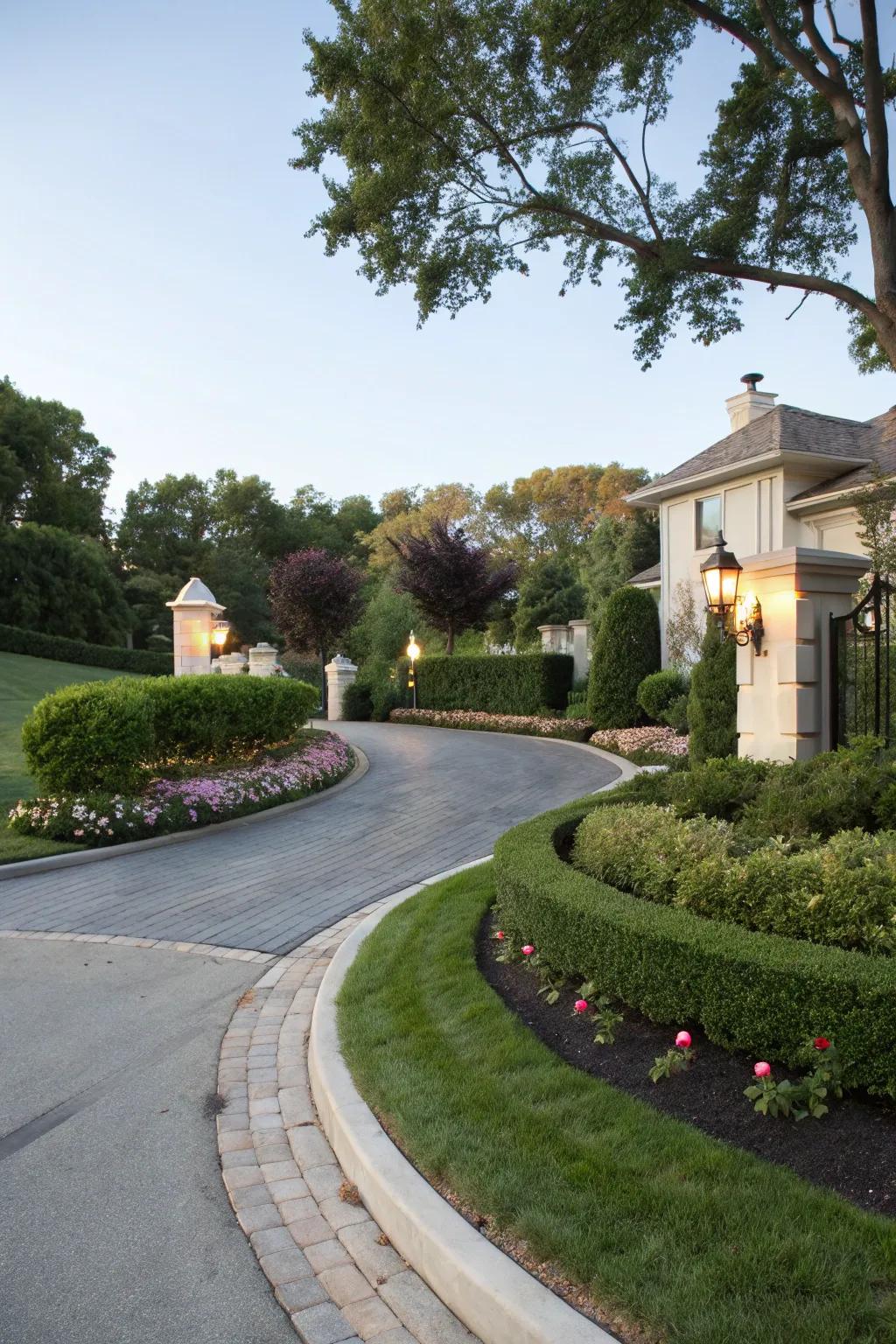 An elegant sweeping driveway that brings grace to a corner lot.
