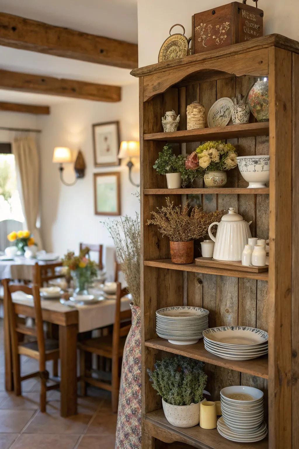 Earthy wood shelves enhance the warmth and appeal of any dining room.