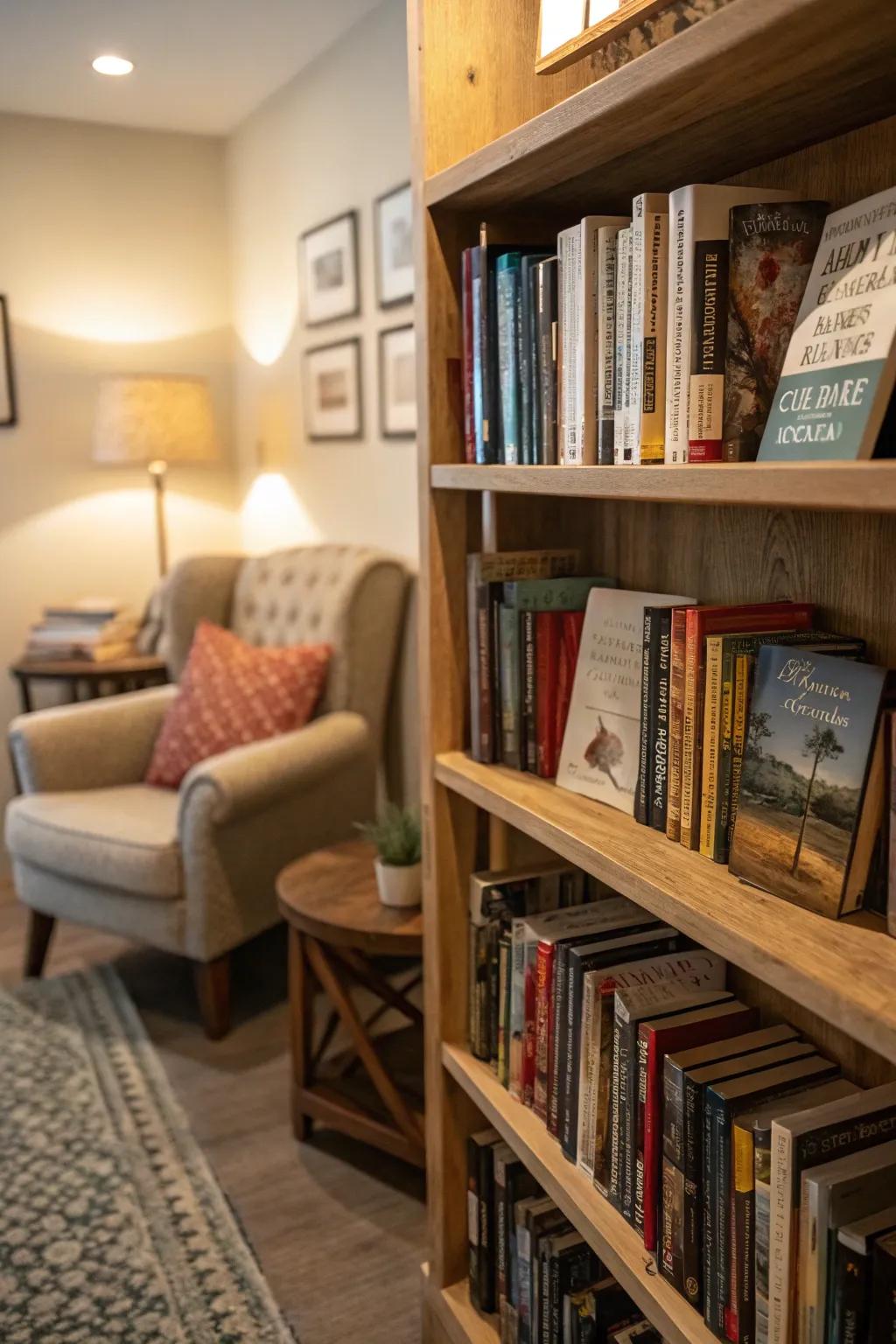 An inviting book nook featuring a corner shelf brimming with books.