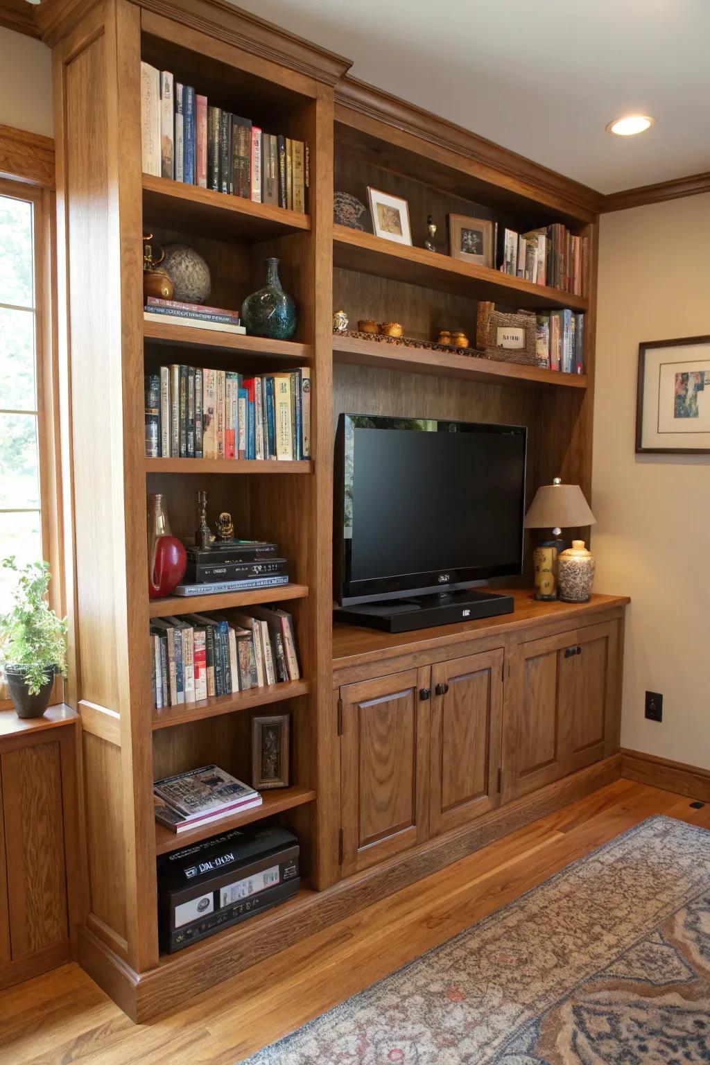 Shelving built around the TV creates a harmonious integration of function and aesthetics.