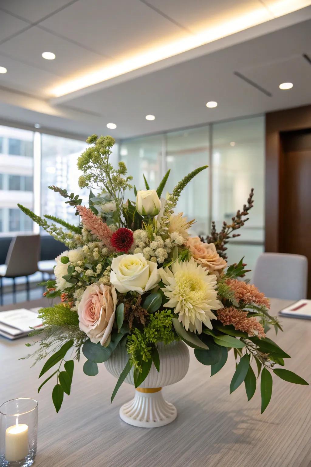 Elegant flower centerpiece showcasing flowers that are in season.