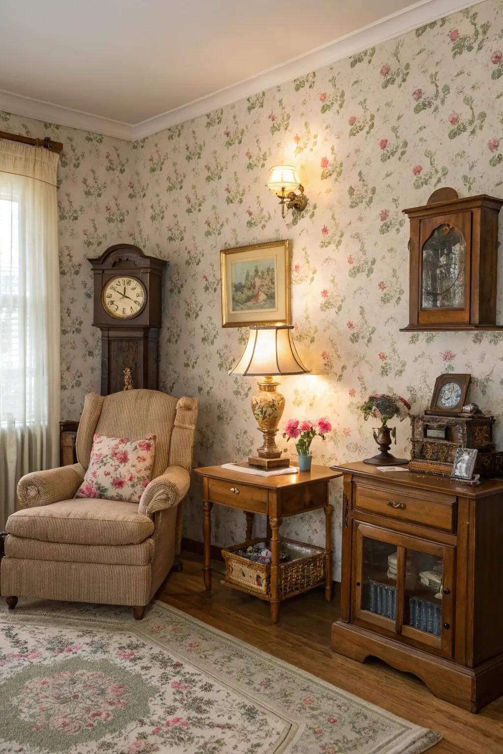 A delightful living area where floral aesthetics and aged features unite harmoniously.