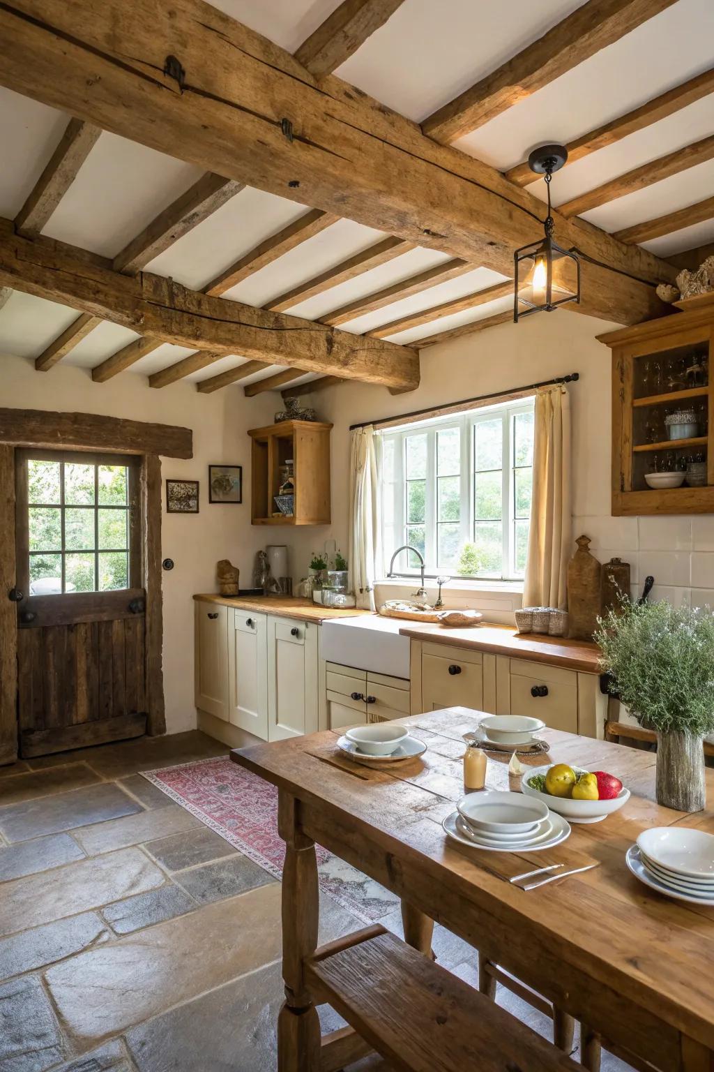 Real wood supports and a time-worn set create a snug country kitchen.