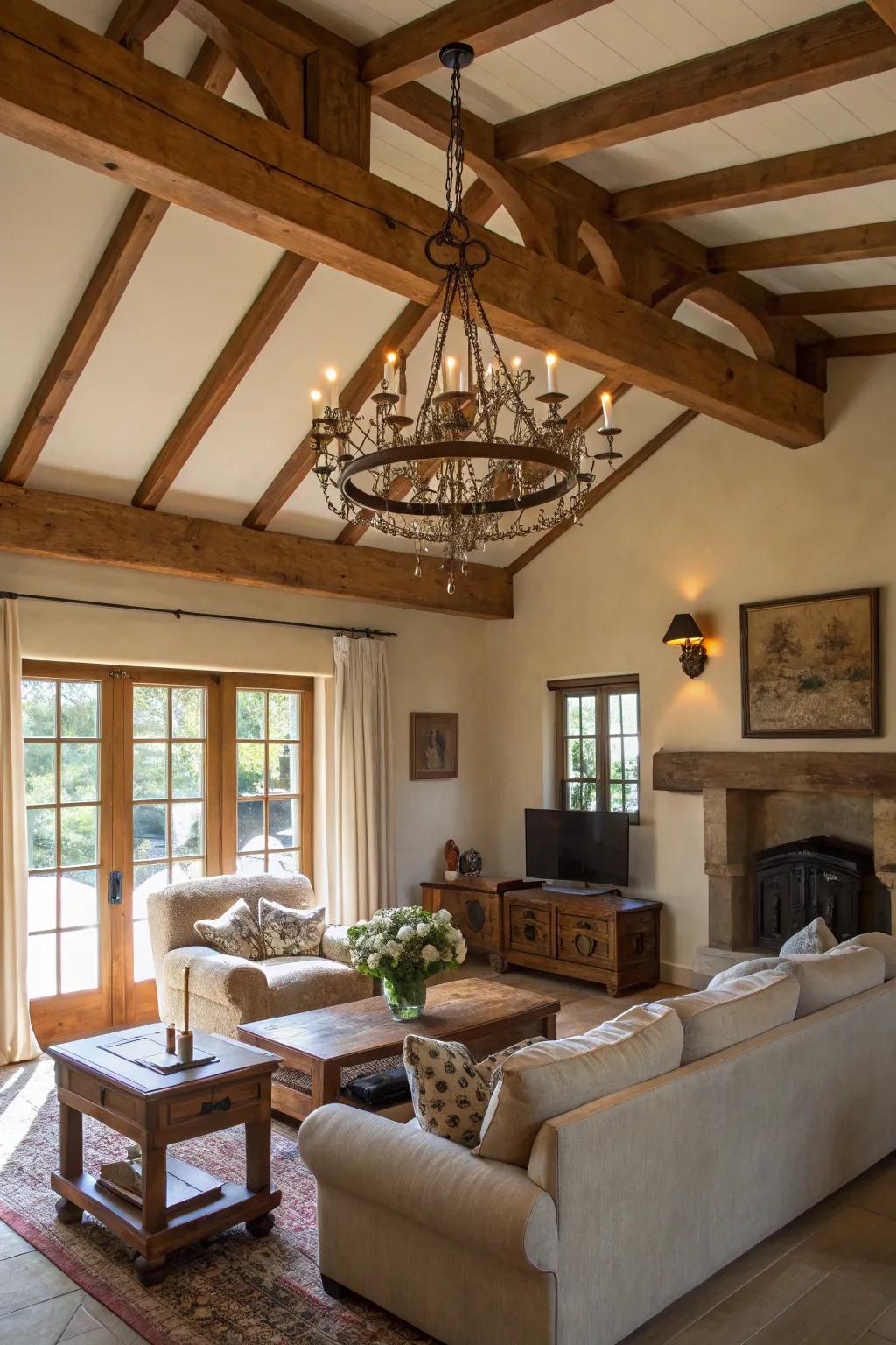 Revealed wooden beams enhance the rustic appeal of the living room.