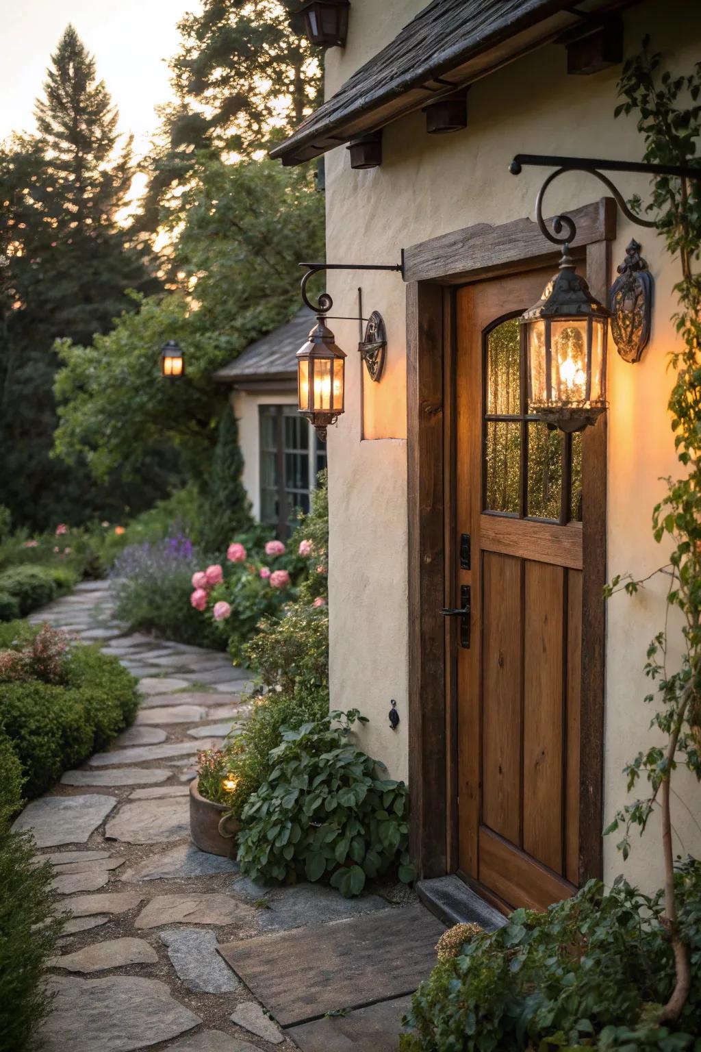 A welcoming cottage entrance enhanced by elegant lamps.