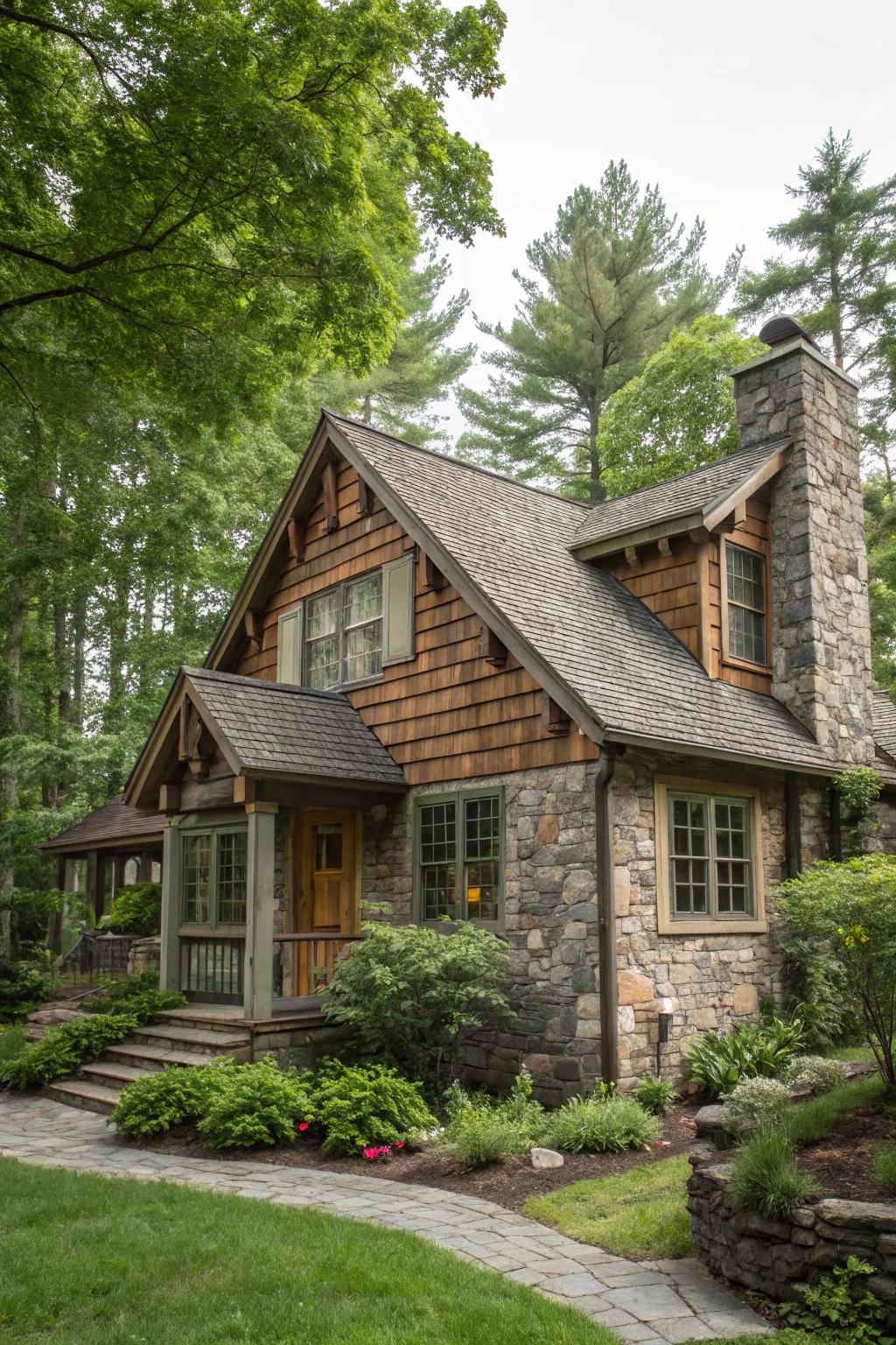 The epitome of rustic charm in siding: wood and stone in perfect harmony.